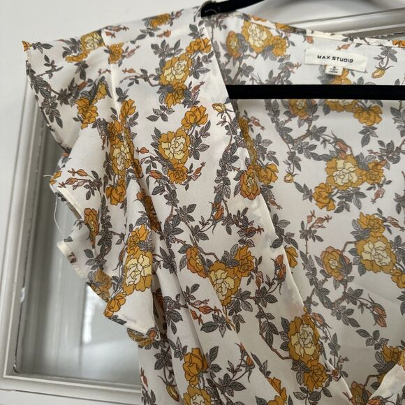 MAX STUDIO Yellow Floral Peplum Blouse Tie Waist Flutter Sleeve Womens S - Picture 3 of 13